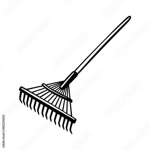 Garden rake illustration with a classic design and detailed tines in a minimalist style