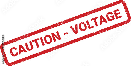 Bright red grunge textured rubber stamp displays the clear danger warning CAUTION VOLTAGE on a white surface