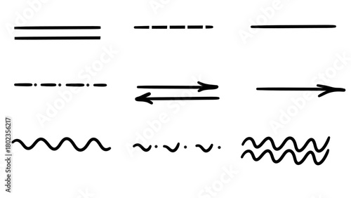 Hand drawn pencil sketch, set of different arrow, dotted, line, doodle graphic icons, isolated on white or transparent png