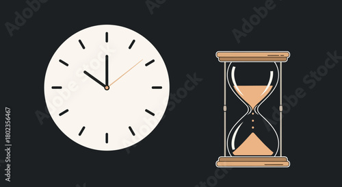 Minimalist clock and hourglass in soft tones depicting time concept