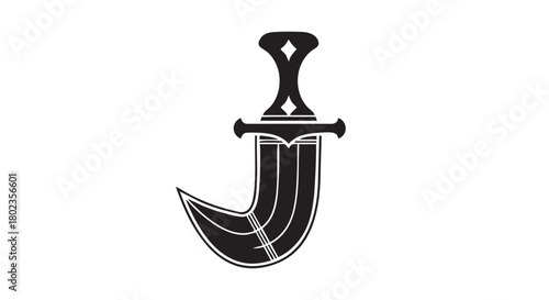 Minimalist graphic symbol representing an ancient ceremonial dagger with a curved blade, isolated on a white background