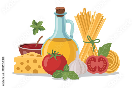 Ingredients for an Italian meal are artfully arranged together for a delicious dish.