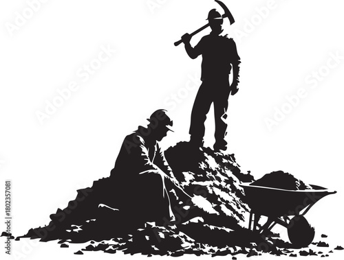 Construction Workers Digging Hill Vector Silhouette. Mining, Labor, and Hard Work with Pickaxe and Wheelbarrow Graphic.