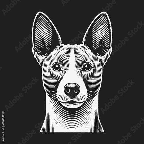 Elegant Basenji Dog Portrait in a Classic Engraving Style.