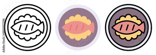 Fried Fish Icon Set in Outline, Color & Flat Style
