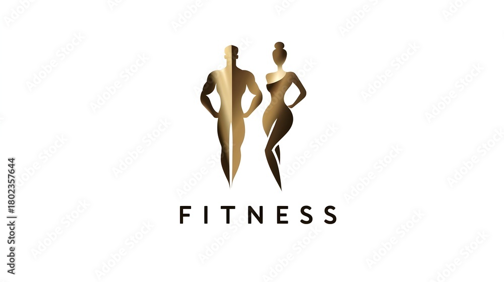 Fototapeta premium Luxury fitness logo with golden muscular man and fit woman body symbol. Concept: Premium fitness branding, luxury sports identity, combined masculine and feminine body emblem, for fitness, sport salon