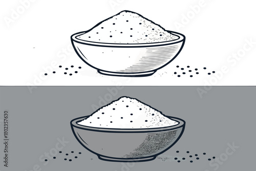 “Stylish monochrome and color variations of a culinary powder bowl featuring textured grain details for versatile design applications.”