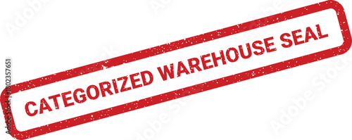 Grungy red rectangular seal with the specific phrase CATEGORIZED WAREHOUSE SEAL oriented diagonally across a white surface