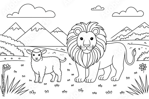 A lion and a lamb stand together in a peaceful natural landscape.