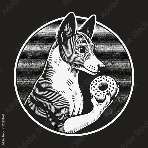 Vintage Engraved Style Illustration of a Basenji Dog Holding a Donut.