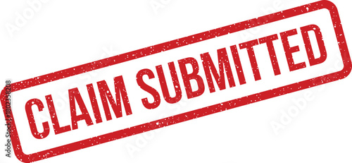 Prominent red rectangular distressed rubber stamp showing the clear words claim submitted against a bright white background