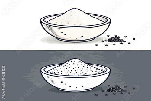 “Vintage-inspired hand-drawn illustration of a powder-filled bowl accompanied by peppercorn elements, ideal for food branding and packaging.”