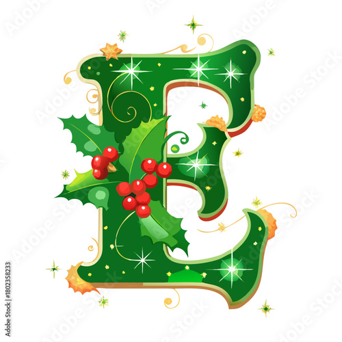 Green Christmas letter E with swirl, holly, and golden sparkle
