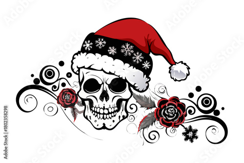 Skull with Santa hat and floral swirl for alternative Christmas