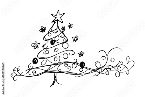 Black swirl Christmas tree with hanging ornaments