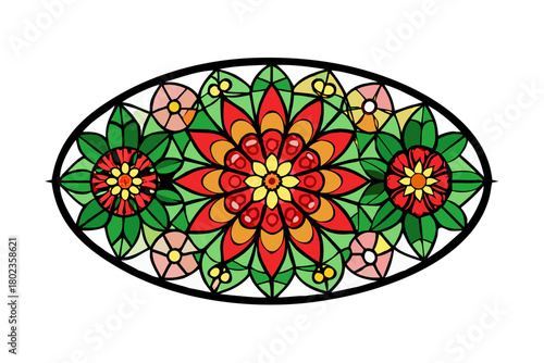 Oval stained glass design with red and green floral pattern