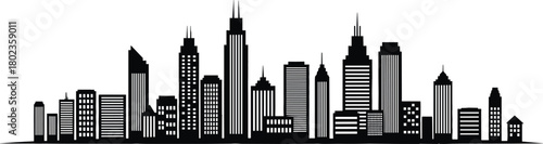 PrintModern urban city skyline silhouette featuring tall skyscrapers, detailed architectural buildings, contemporary metropolitan landscape design, vector illustration for creative projects