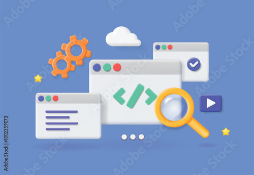 Concept of computer programming or developing software or game. Vector 3d illustration with coding symbols and programming windows.