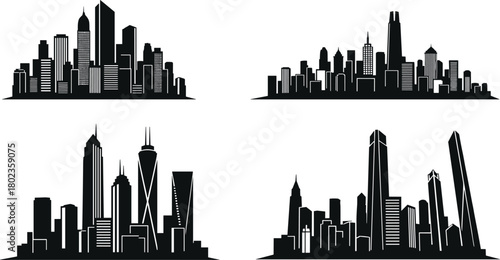 PrintModern city skyline silhouettes featuring diverse skyscrapers, urban architecture, high-rise buildings, metropolitan landscapes, detailed cityscape vector illustrations ideal for design projects