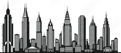 PrintModern urban city skyline silhouette illustration featuring tall skyscrapers, contemporary architecture, high-rise buildings, metropolitan landscape, black and white cityscape artwork design