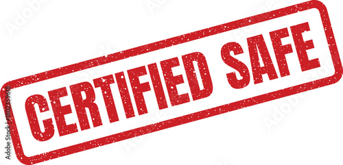 Red grunge rubber stamp clearly indicates a certified safe status on a minimalist white backdrop