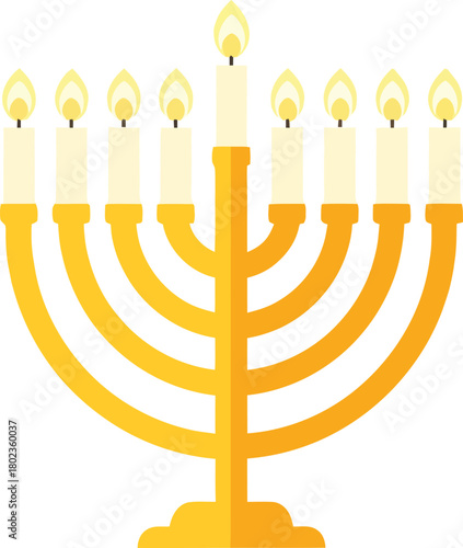 A golden menorah with nine lit candles, symbolizing Hanukkah, against a white background.