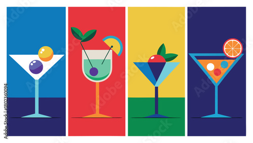 A set of four bright posters, each illustrating a different drink, highlighting diverse colors and artistic styles..eps