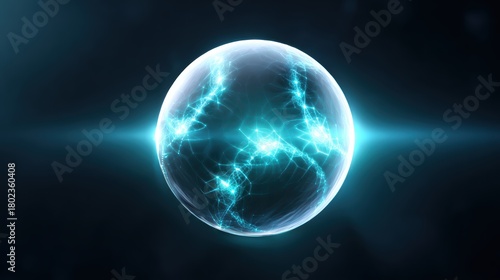 Fototapeta Naklejka Na Ścianę i Meble -  A vibrant, glowing sphere with electric patterns, suggesting a futuristic or cosmic theme, set against a dark background.