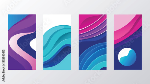 Set of abstract banners showcasing dynamic wavy lines in vibrant colors and fluid shapes..eps