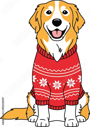 A happy golden retriever dog wearing a festive red Christmas sweater with white snowflake patterns.