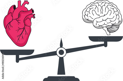 A scale with a brain and a heart. The image symbolizes the balance between rational thinking ("the race to retrain") and the emotional well-being of the "eternal student".