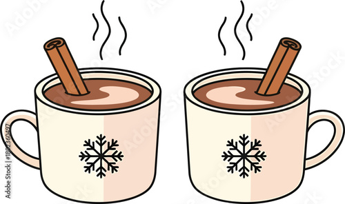 Two steaming mugs of hot chocolate with cinnamon sticks and snowflake designs.