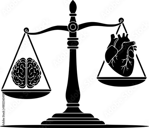 A scale with a brain and a heart. The image symbolizes the balance between rational thinking ("the race to retrain") and the emotional well-being of the "eternal student".