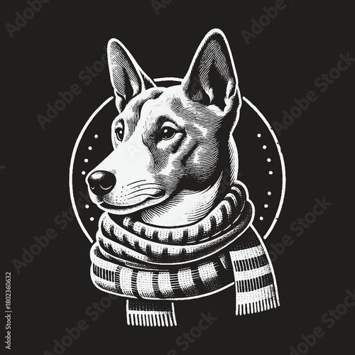 Monochrome Illustration of a Stylish Dog in a Winter Scarf.