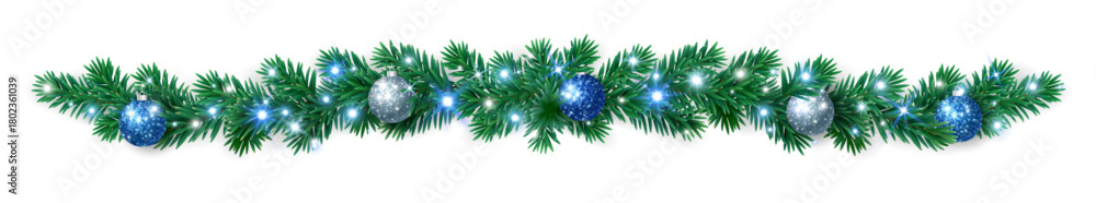 Fototapeta premium Christmas tree garland with blue, white, and silver baubles and glowing lights. Elegant festive border for Christmas design, cards, and decorations.