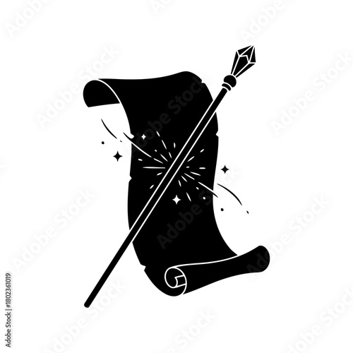 Wizard staff silhouette magic staff and scroll isolated on, fantasy and wizardry concept design