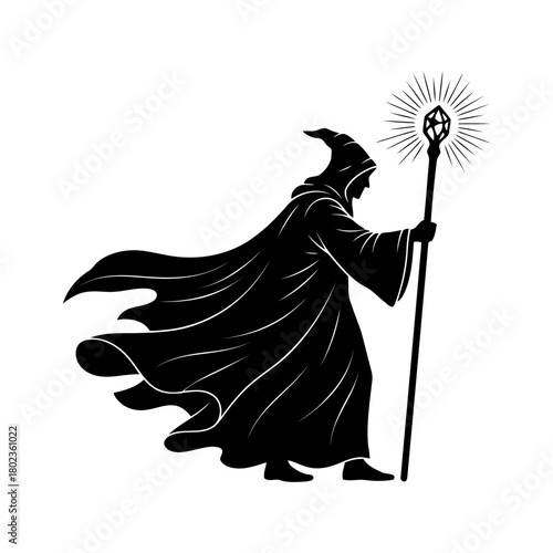 Wizard staff silhouette wizard with magic staff isolated on, fantasy and wizardry concept design