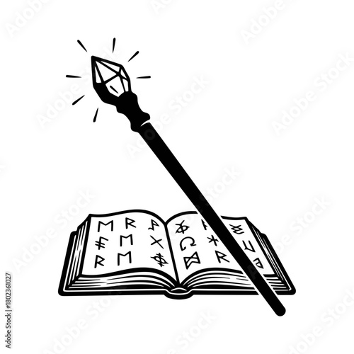 Wizard staff silhouette magic staff and book with runes isolated on, fantasy and wizardry concept