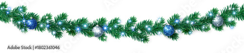 Seamless Christmas tree garland with blue, white, and silver baubles and glowing lights. Elegant festive border for Christmas design, cards, and decorations.