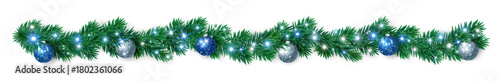 Christmas tree garland with blue, white, and silver baubles and glowing lights. Bright festive border for Christmas banners, cards, and winter decorations.
