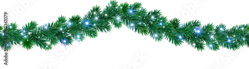 Seamless Christmas tree garland with blue and white glowing lights on lush fir branches. Elegant festive border for banners, cards, and Christmas designs.