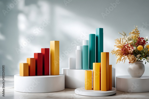 Colorful bar chart infographic with flower vase on white round podiums in soft natural light