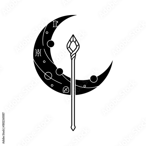 Wizard staff silhouette mystical moon staff isolated on, a symbol of magic, mystery, and celestial power