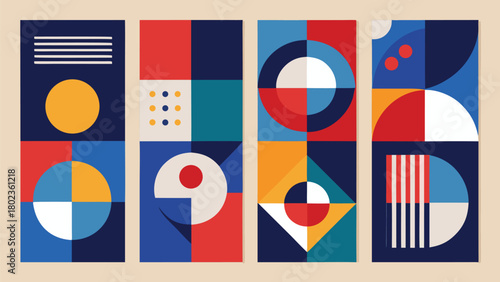 Various abstract geometric shapes in vibrant colors on a white background, forming a visually striking and artistic display..eps