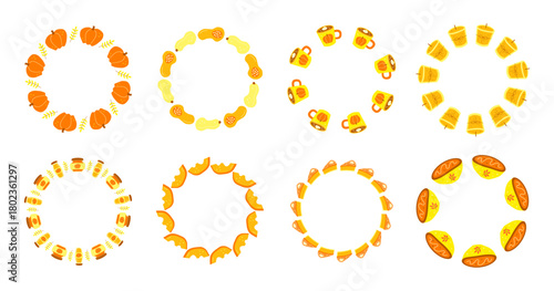 Set of round wreaths with cute flat pumpkin food and drinks isolated on white background. Seasonal autumn circle frames.