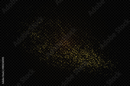 Glowing powder isolated on black background. Backdrop with golden grain noise particles. Distressed grunge texture. Glittering sparks.