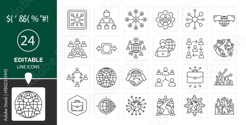 Outsourcing Line Icon Set — Modern Thin Editable Stroke Vector Symbols of Business, Company, Teamwork, Global Outsource, and Remote Operations