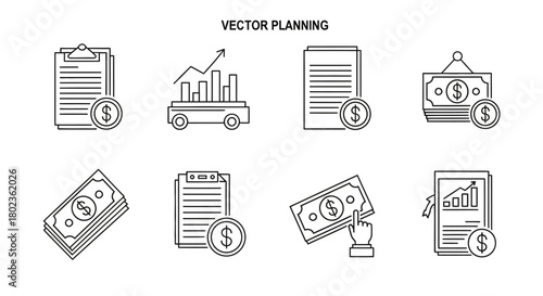 Financial planning and analysis icons featuring linear design