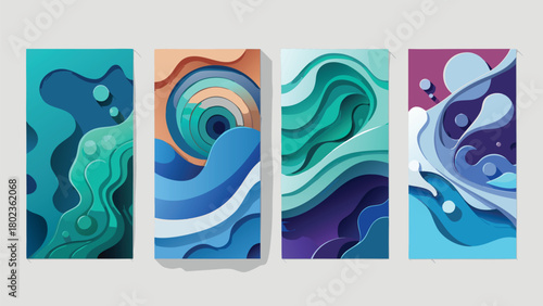 Collection of abstract banners in diverse colors, highlighting unique shapes and artistic styles for visual appeal..eps