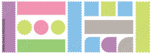Geometric shapes with scallop and zigzag edges set. Zig zag edge circle, square, rectangle, round shape collection. squared wavy frames set,Wiggle Line,Scalloped edge seamless set